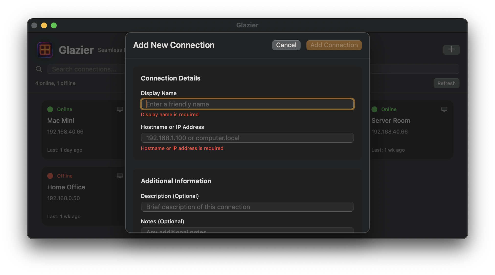 Add connection dialog